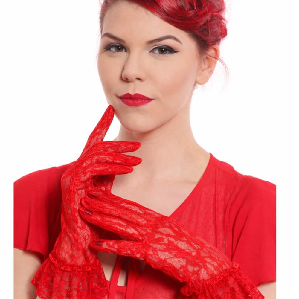 Red Lace Gloves Wrist Length w Ruffle Dressy Weddings Party Bridal Prom - Picture 2 of 4